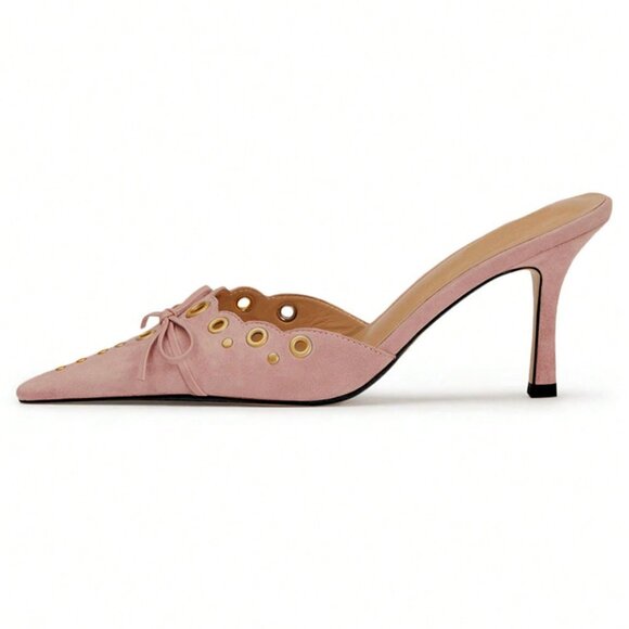 Pink Casual Women's High Heel Suede Pointy Mules - Picture 4 of 6